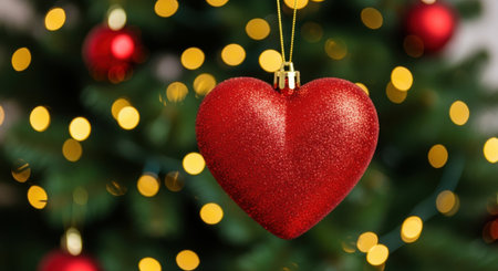 A close-up shot of a red heart-shaped ornament hanging on a Christmas tree, with blurred lights in the background.の素材