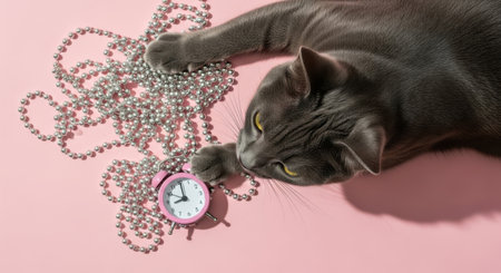 A playful gray cat interacts with a pink alarm clock and silver beads on a pink surface, creating a whimsical scene.の素材