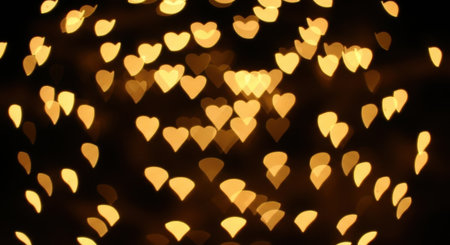 A beautiful bokeh effect of golden heart-shaped lights against a dark background, perfect for romantic or festive designs.の素材
