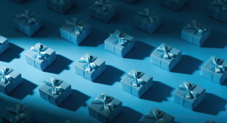 An isometric view of numerous identical gift boxes arranged in a grid. The scene is illuminated by a cool, dramatic blue light, casting long, dark shadows.の素材