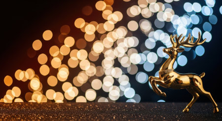 A golden reindeer figurine stands against a backdrop of colorful bokeh lights, creating a festive and magical holiday scene.の素材