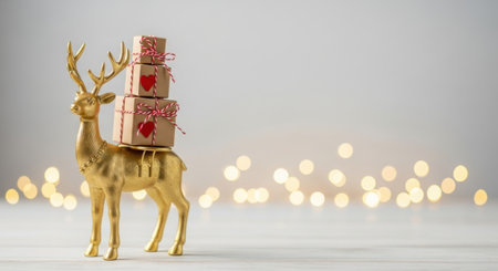 A golden reindeer figurine stands elegantly, carrying a stack of three small, brown gift boxes adorned with red hearts on its back. The background features soft, out-of-focus bokeh lights, creating a festive and warm atmosphere. This image evokes the spirit of Christmas, gift-giving, and holiday celebrations.の素材