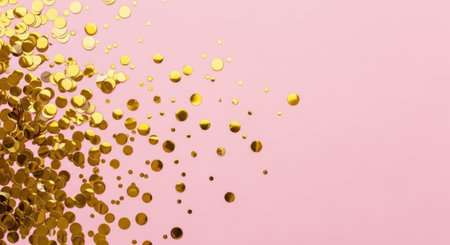 Close-up of scattered golden confetti on a soft pink background, perfect for celebrations and festive designs.の素材
