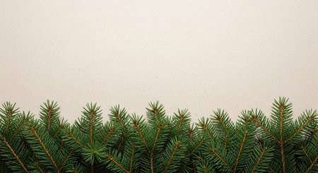 A vibrant display of green pine tree branches forms a natural border at the bottom of the frame, set against a smooth, light beige background, offering ample copy space.の素材
