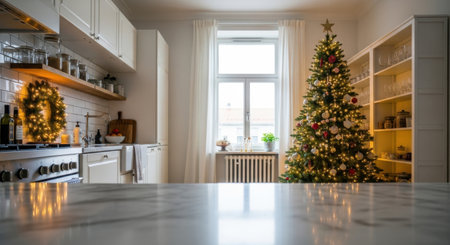 A beautifully decorated Christmas tree stands by a bright window in a modern kitchen. A marble countertop is in the foreground, reflecting the warm holiday lights.の素材