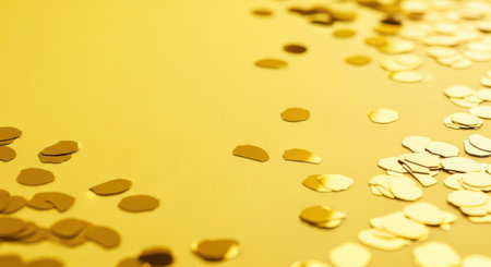 A close-up shot of shimmering golden confetti scattered unevenly across a bright yellow surface, creating a festive and celebratory atmosphere with a soft bokeh effect in the background.の素材