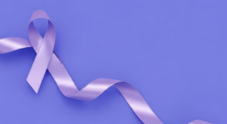 A lavender ribbon gracefully rests on a purple backdrop, symbolizing awareness and support for various causes. The ribbons soft hue contrasts against the background.の素材