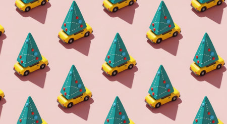 A repeating pattern of yellow toy cars each carrying a small, green Christmas tree on a light pink background, creating a festive and playful design.の素材