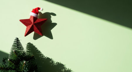 A creative Christmas still life featuring a red star ornament wearing a tiny Santa hat levitating above a miniature tree on a green background with a strong diagonal shadow.の素材