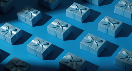 An organized array of small blue gift boxes with ribbons casting long dark shadows on a vibrant blue surface. A cool, monochromatic, and modern holiday or celebration concept.の素材