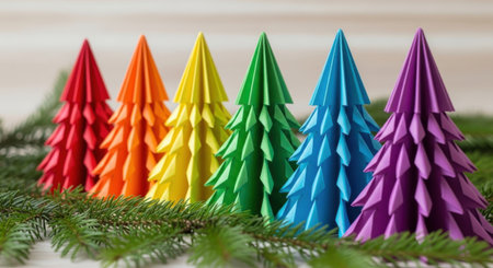 A vibrant display of six origami Christmas trees in rainbow colors, arranged on a bed of green pine needles, creating a festive and colorful holiday decoration.の素材
