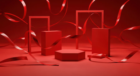 A minimalist red scene featuring geometric product displays, frames, and floating ribbons, ideal for showcasing products in a modern and abstract setting.の素材