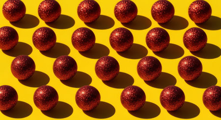 A vibrant, high-contrast pattern of red spherical Christmas ornaments arranged in neat rows on a bright yellow background, casting strong, defined shadows.の素材