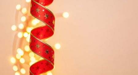 A vibrant red ribbon with a festive pattern spirals vertically against a soft, light background, illuminated by a bokeh of golden, out-of-focus lights, creating a warm and celebratory atmosphere.の素材