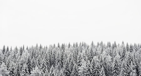 Monochrome winter landscape showing the tops of snow covered fir trees against a stark white sky. A peaceful and serene natural scene with a minimalist aesthetic.の素材