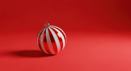 A single, festive Christmas ornament with alternating red and white stripes rests on a bright red surface, casting a subtle shadow. The minimalist composition highlights the holiday spirit.の素材