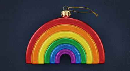 A vibrant rainbow-colored Christmas ornament shaped like a rainbow, hanging against a dark background.の素材