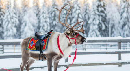 A reindeer with a saddle stands in a snowy winter landscape in Finland, ready for a ride.の素材