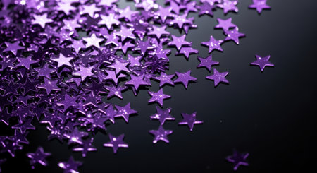 A close-up shot of scattered purple star confetti against a dark background, creating a festive and sparkling effect. Ideal for celebrations and decorations.の素材