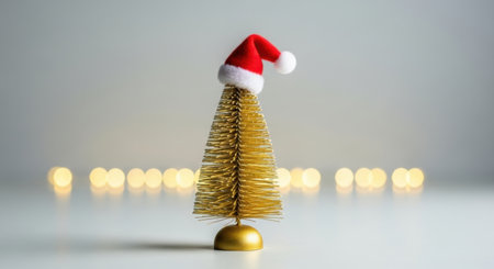 A small decorative golden bristle brush Christmas tree stands on a white surface. It wears a tiny red Santa Claus hat. The background features soft focus bokeh lights.の素材