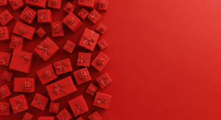 A vibrant, high-angle shot of numerous red gift boxes, each adorned with a delicate ribbon, scattered across a matching red background. The composition offers ample copy space on the right, making it ideal for holiday greetings, sales promotions, or special announcements. The 3D render adds depth and a modern touch to this festive and elegant image.の素材