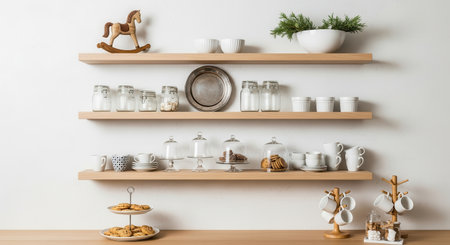 Three wooden shelves display an assortment of jars, dishes, and decorative items against a clean white wall, creating a tidy and aesthetically pleasing kitchen storage solution.の素材