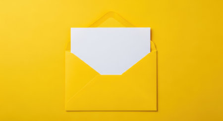 A bright yellow envelope is open, revealing a crisp white sheet of paper. The composition is minimalist and set against a solid yellow backdrop.の素材