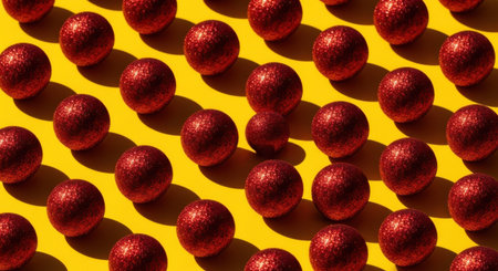 A close-up shot of numerous red spheres meticulously arranged on a vibrant yellow background, forming a repeating pattern.の素材