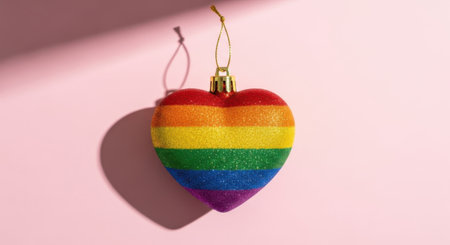 A glittery rainbow heart ornament hangs against a pink background, casting a shadow.の素材