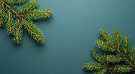 Two green fir branches are placed on a dark teal background, creating a minimalist and elegant holiday theme.の素材
