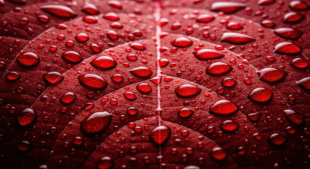 A macro shot of a vibrant red leaf covered in glistening water droplets, highlighting the intricate details of natures beauty and texture.の素材