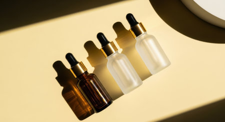 A top-down view of several skincare serum dropper bottles, varying in color from amber to frosted clear, arranged in a diagonal line on a light beige surface. Natural sunlight creates distinct shadows, highlighting the minimalist aesthetic of the beauty products.の素材