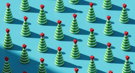 A visually appealing pattern of green and white striped party hats, each topped with a red pom-pom, neatly arranged on a bright blue surface.の素材