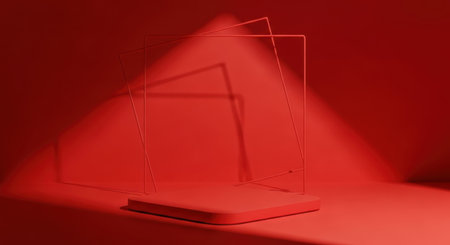 A red laptop is illuminated by a focused light source, creating a minimalist and abstract composition. The image highlights the laptops form and the interplay of light and shadow.の素材