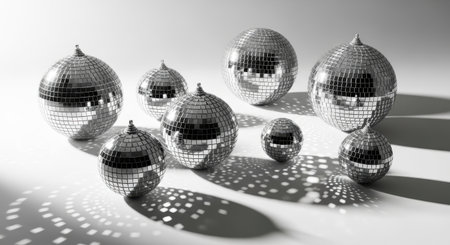 A stylish black and white photograph featuring a group of shiny disco mirror balls of different sizes. The balls cast interesting shadows and light patterns on the surface.の素材