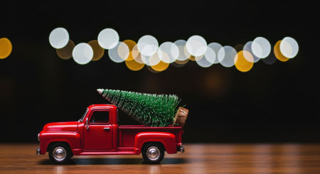 A small red toy truck carries a green Christmas tree on its bed, with blurred bokeh lights in the background.の素材