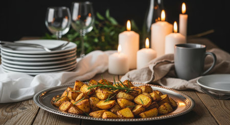 A close-up shot of a silver platter filled with golden-brown roasted potatoes garnished with fresh rosemary, set on a rustic wooden table. In the background, several lit candles cast a warm glow, alongside stacked white plates, wine glasses, and a dark mug, creating an intimate and festive dining atmosphere.の素材