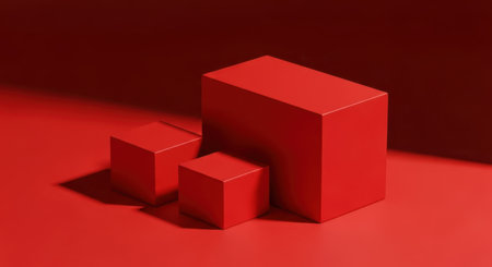 A minimalist product display featuring three red geometric cubes of varying sizes against a matching red background, creating a striking and modern presentation.の素材