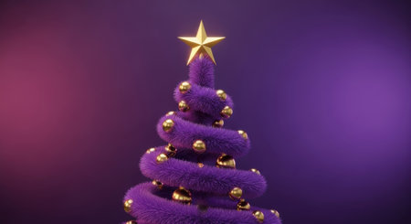 A whimsical and modern interpretation of a Christmas tree, featuring a spiral design in vibrant purple, adorned with golden baubles and topped with a shining golden star, set against a soft purple gradient background.の素材