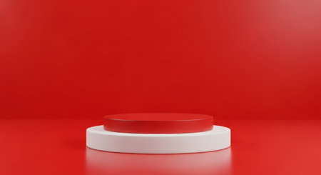 A red and white podium for product display against a red background, perfect for showcasing items.の素材