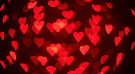 Abstract background of red heart-shaped bokeh lights. Perfect for Valentines Day, love, and romantic themes. Ideal for digital art, design, and celebrations.の素材