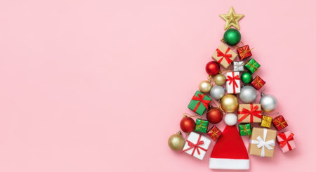 A creative Christmas tree arrangement made of ornaments, gifts, and a Santa hat on a pink background.の素材