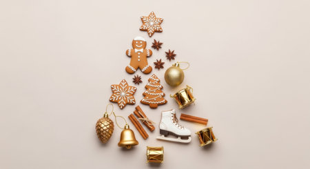 A beautifully arranged Christmas tree composed of gingerbread cookies, ornaments, and festive decorations on a neutral background.の素材