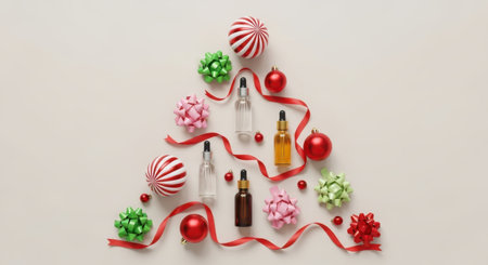 A creative Christmas tree arrangement featuring skincare product bottles, red ribbon, and colorful ornaments on a light background.の素材