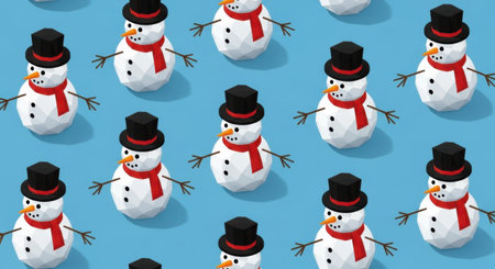 A repeating pattern of snowmen with black hats, red scarves, and twig arms on a blue background. Perfect for winter holiday designs.の素材