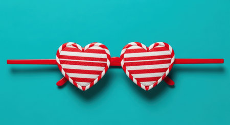 A close-up shot of two heart-shaped candies with red and white stripes, resembling glasses, placed on a red stick against a teal background.の素材