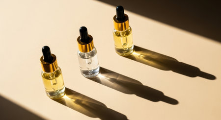 Three glass dropper bottles filled with natural oil serum, arranged on a light surface, casting long, distinct shadows under bright sunlight, highlighting their clear and amber liquid contents.の素材