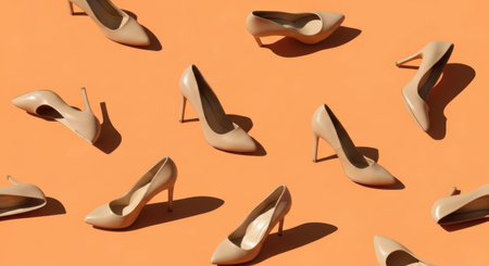 A collection of classic nude high heel shoes arranged in a random pattern on a bright orange background. The scene is captured with hard light creating distinct shadows.の素材