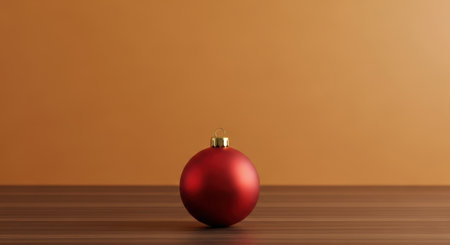 A solitary red Christmas ornament rests on a polished wooden surface, set against a warm, inviting background, evoking a sense of festive simplicity and holiday cheer.の素材