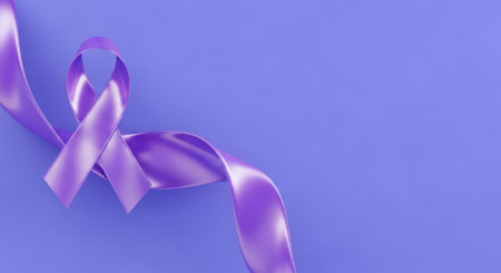A single purple ribbon, a symbol for awareness and support for various causes, lies on a solid purple background. The image has significant copy space for text.の素材